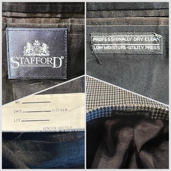 Stafford Mens 46R Black Beige Burgundy Houndstooth Plaid Blazer Sport Jacket - Picture 16 of 16
